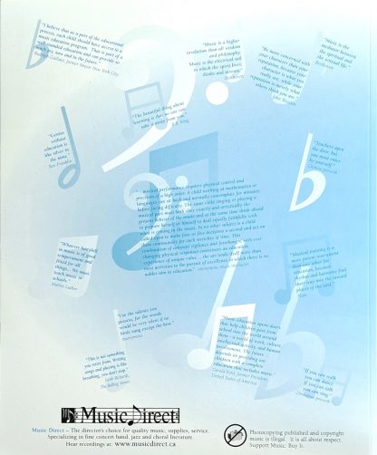 The back of a light blue Music Folder with images of music notes and inspirational quotes.