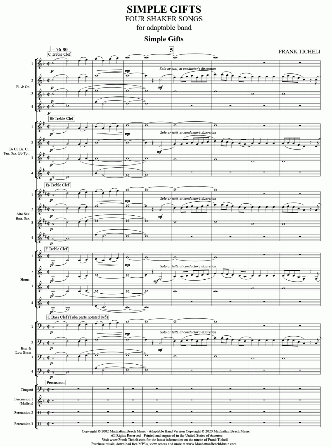 Simple Gifts Four Shakes Songs One Movement only (Flex) Ticheli