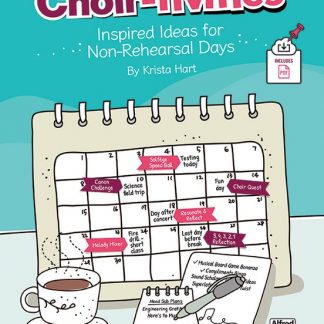 Colourful Choir-tivities book. Illustrations of a calendar, coffee cup, and notepad. Provided by Music Direct.