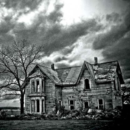 Cover art for the song "House Upon the Hill" (SATB) by Wilkinson. A greyscale photo of a dilapidated house and a dead tree.