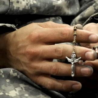 Cover art for the song "Peace Come Reign" (SATB) by Delisle. A soldier's hands holding a rosary.